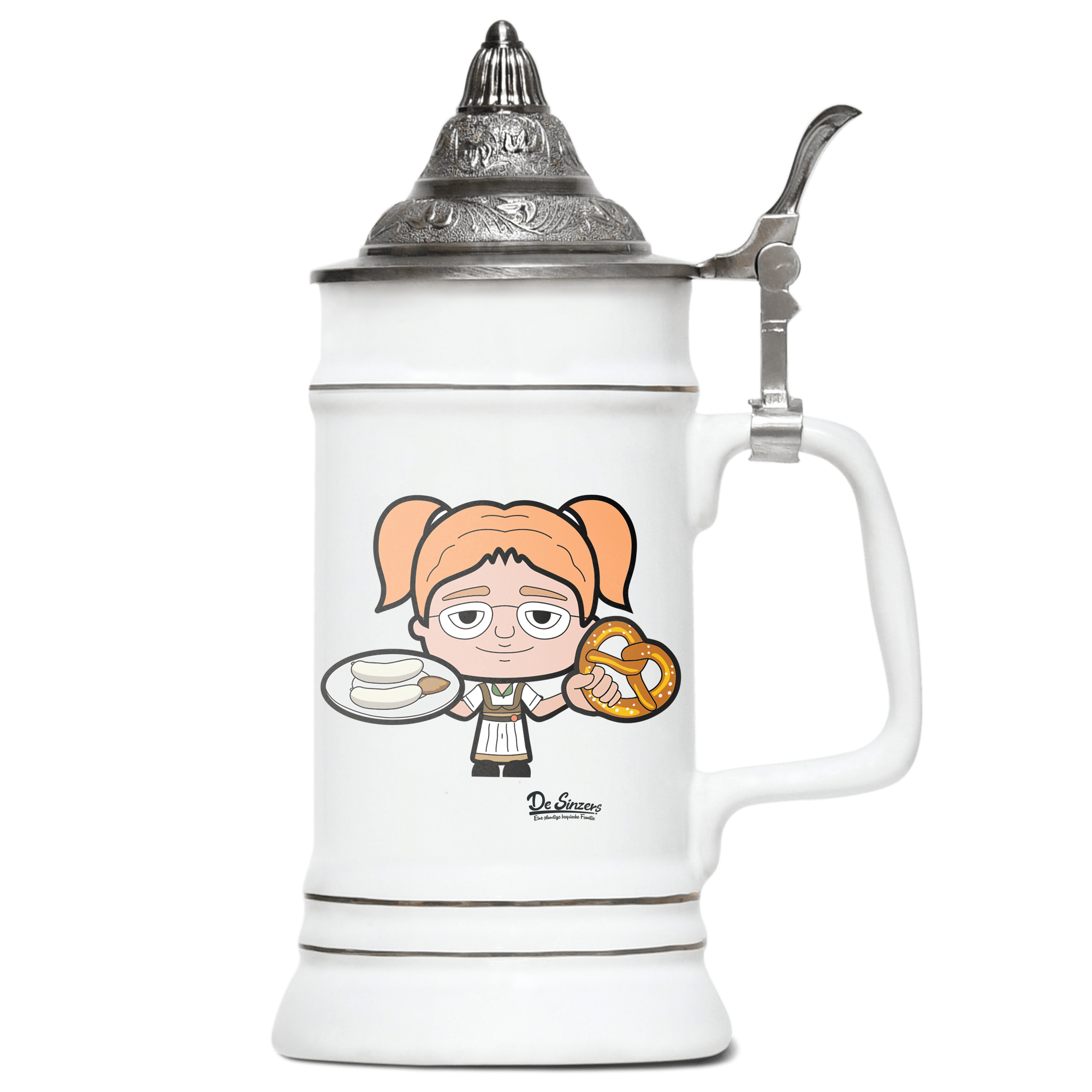 Die Jung Sinzerin Weisswurscht und Brezn Bierkrug 500ml Weiss mit Spitzdeckel Wendelstein Front