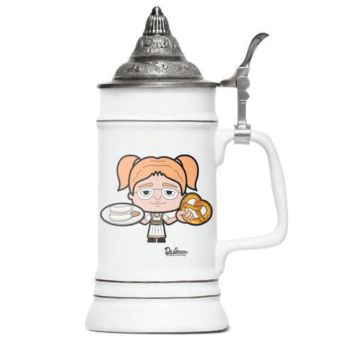 Die Jung Sinzerin Weisswurscht und Brezn Bierkrug 500ml Weiss mit Spitzdeckel Wendelstein Front