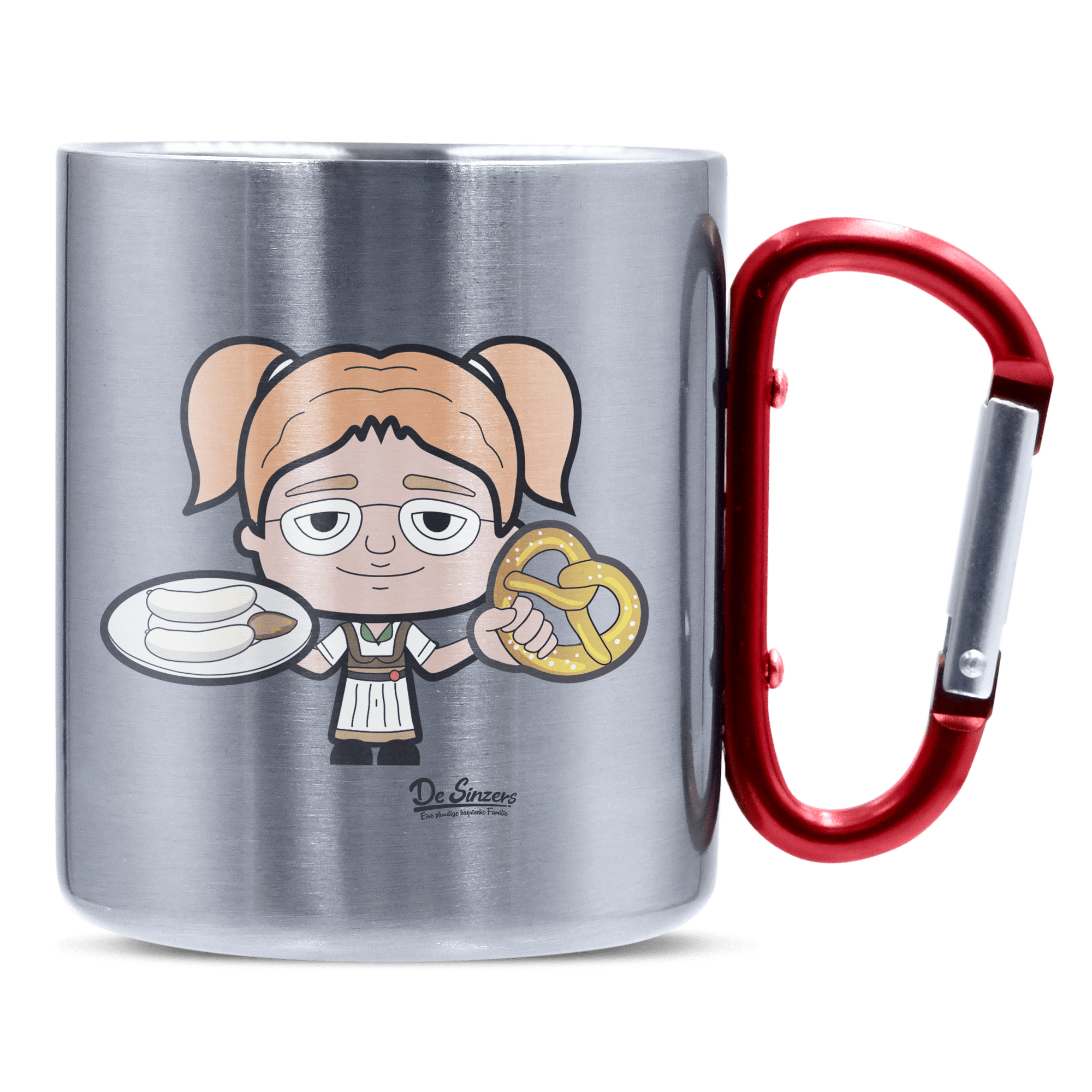 Die Jung Sinzerin Weißwurscht und Brezn Edelstahl Kaffeetasse roter Karabiner 320ml Kitzstein Front