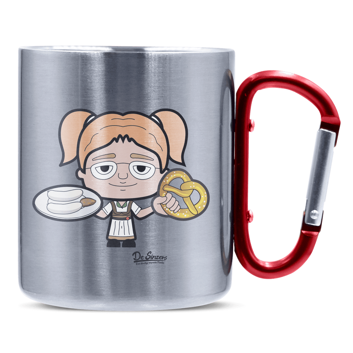 Die Jung Sinzerin Weißwurscht und Brezn Edelstahl Kaffeetasse roter Karabiner 320ml Kitzstein Front