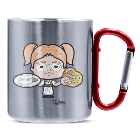 Die Jung Sinzerin Weißwurscht und Brezn Edelstahl Kaffeetasse roter Karabiner 320ml Kitzstein Front