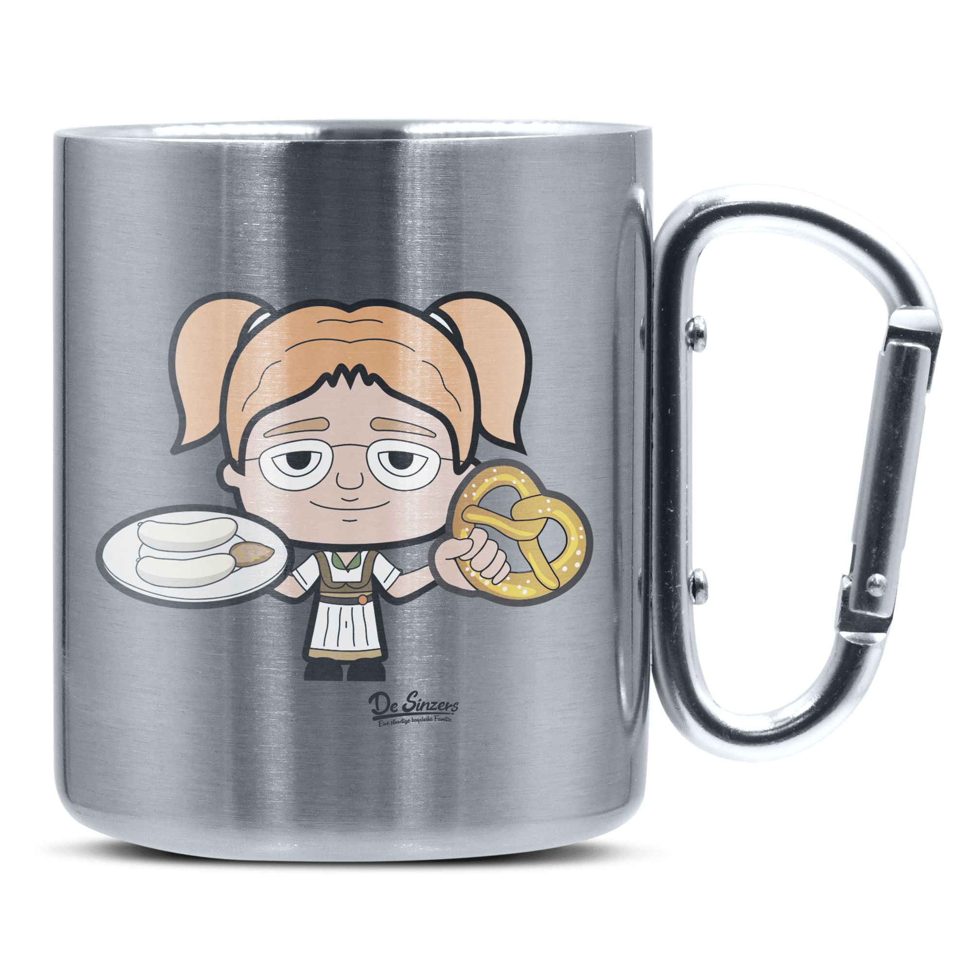 Die Jung Sinzerin Weißwurscht und Brezn Edelstahl Kaffeetasse silberer Karabiner 320ml Grosser Traithen Front