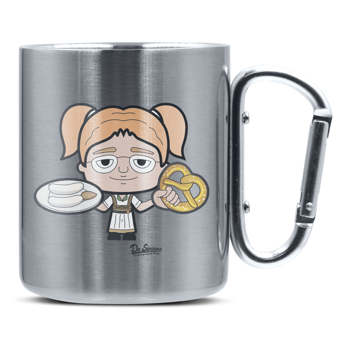 Die Jung Sinzerin Weißwurscht und Brezn Edelstahl Kaffeetasse silberer Karabiner 320ml Grosser Traithen Front