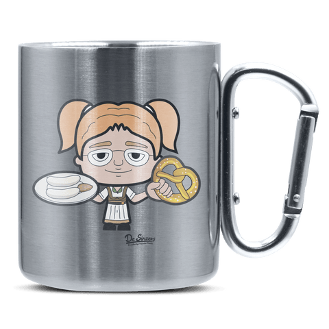 Die Jung Sinzerin Weißwurscht und Brezn Edelstahl Kaffeetasse silberer Karabiner 320ml Grosser Traithen Front