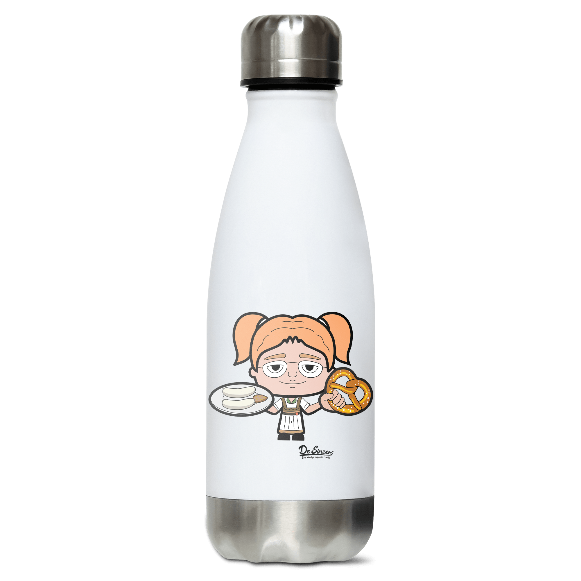 Die Jung Sinzerin Weisswurscht und Brezn Edelstahl Thermoflasche 350ml Weiss Silber Kreuzspitze Front