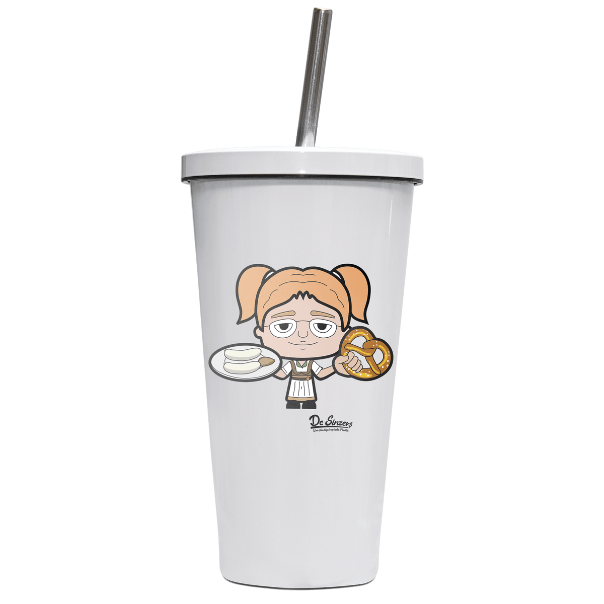 Die Jung Sinzerin Weisswurscht und Brezn Edelstahl Trinkbecher mit Strohhalm 480ml Weiss Krottenkopf Front