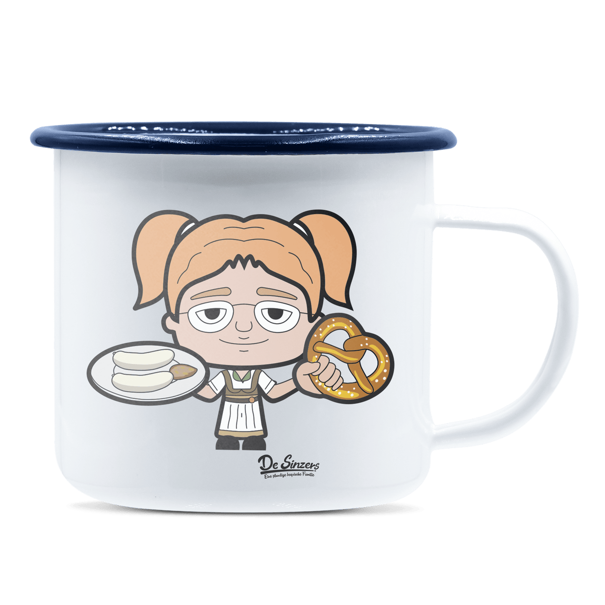 Die Jung Sinzerin Weißwurscht und Brezn Emaille Tasse 375ml Weiss Blau Heuberg Front