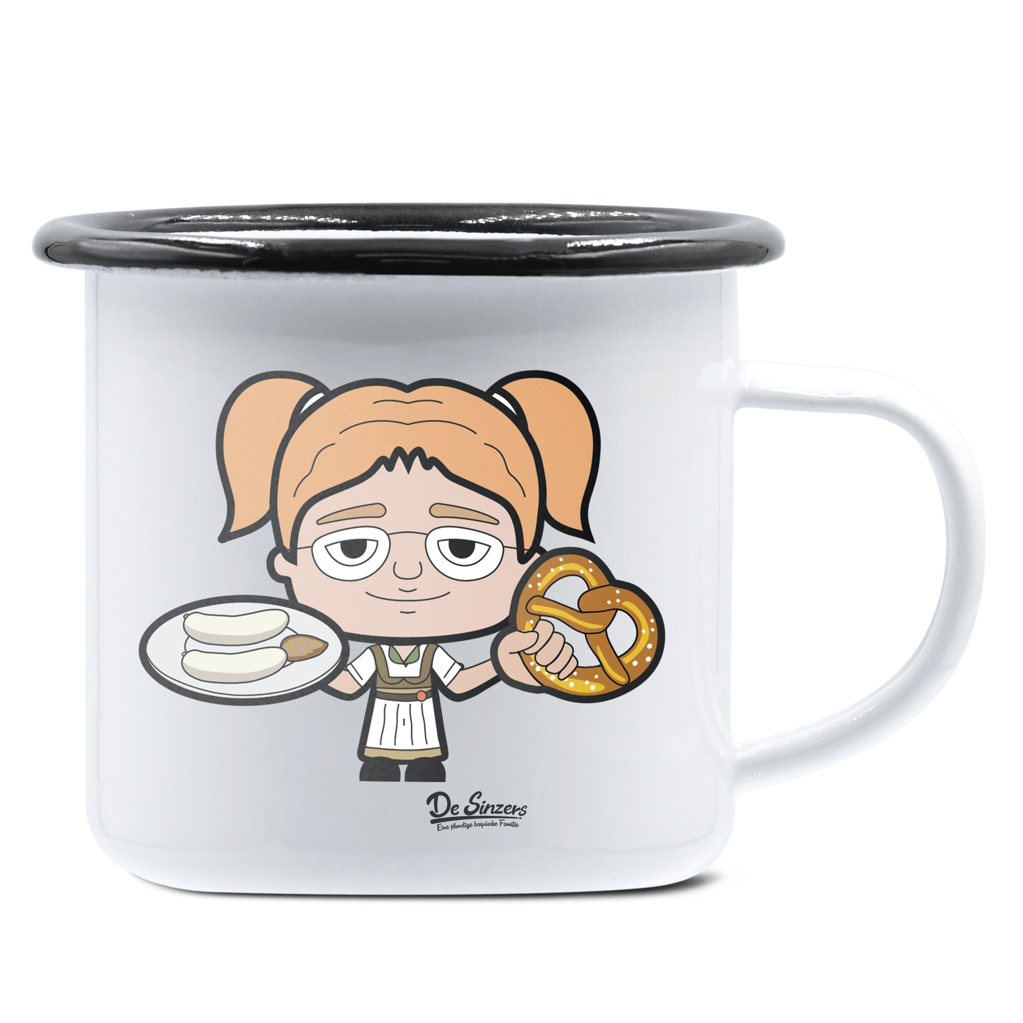 Die Jung Sinzerin Weißwurscht und Brezn Emaille Tasse 375ml Weiss Schwarz Hochries Front