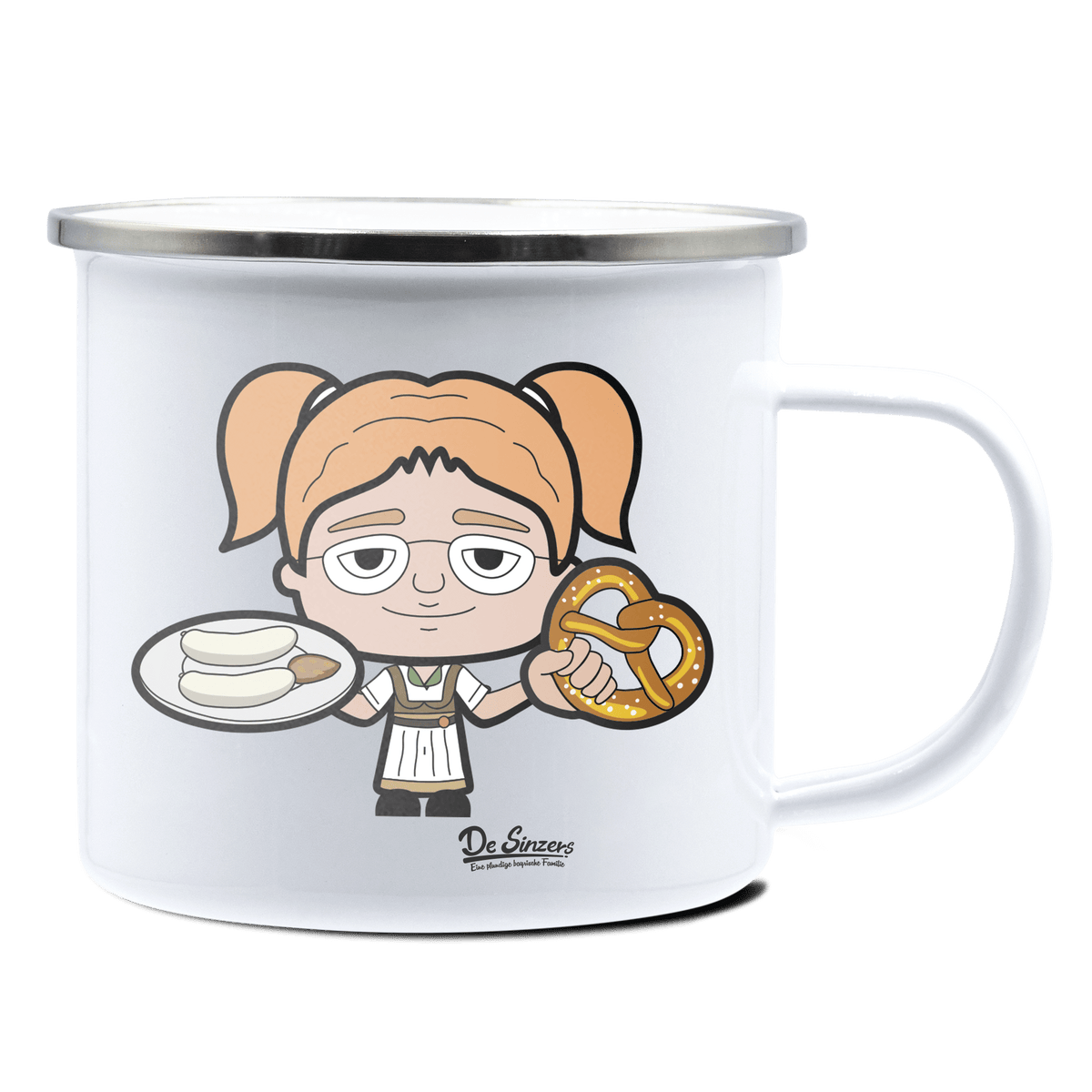 Die Jung Sinzerin Weißwurscht und Brezn Emaille Tasse 375ml Weiss Silber Kampenwand Front