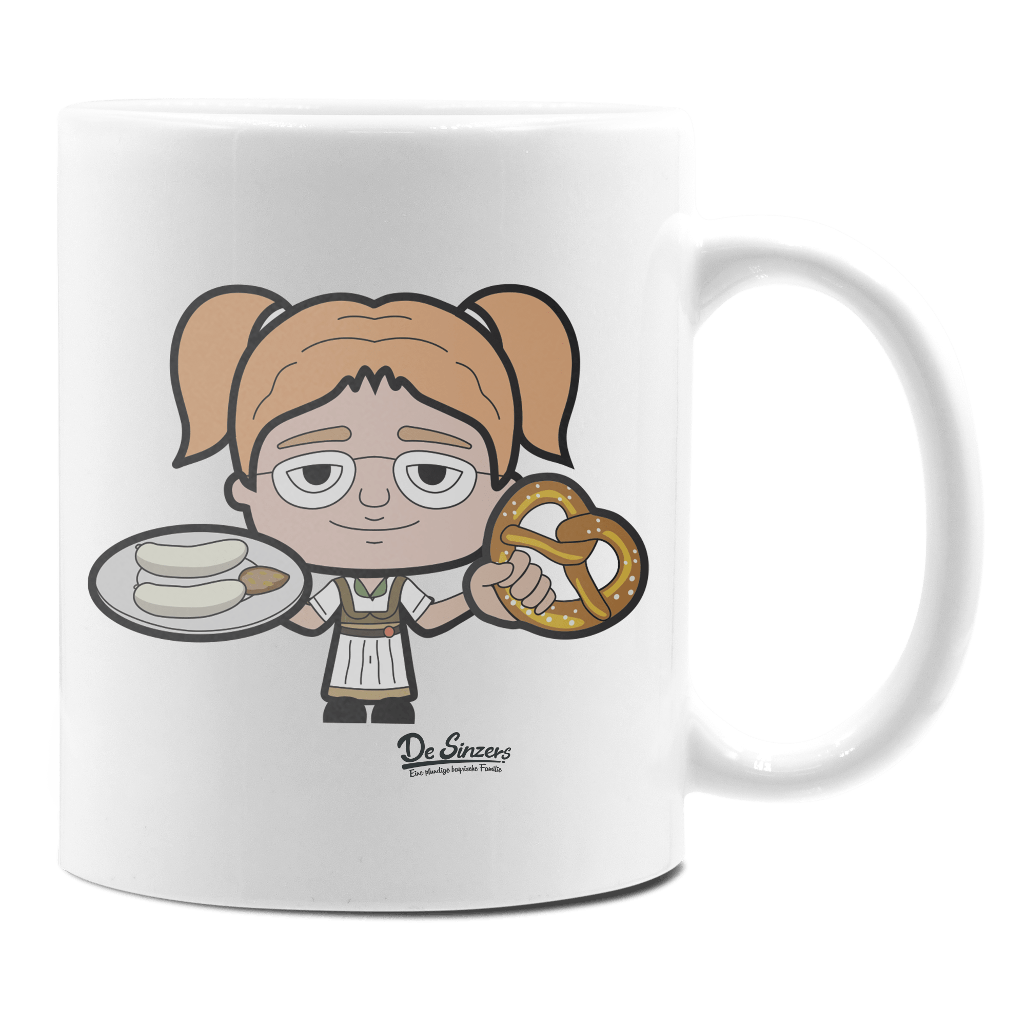 Die Jung Sinzerin Weißwurscht und Brezn Keramik Kaffeetasse 330ml Weiss Rampoldplatte Front