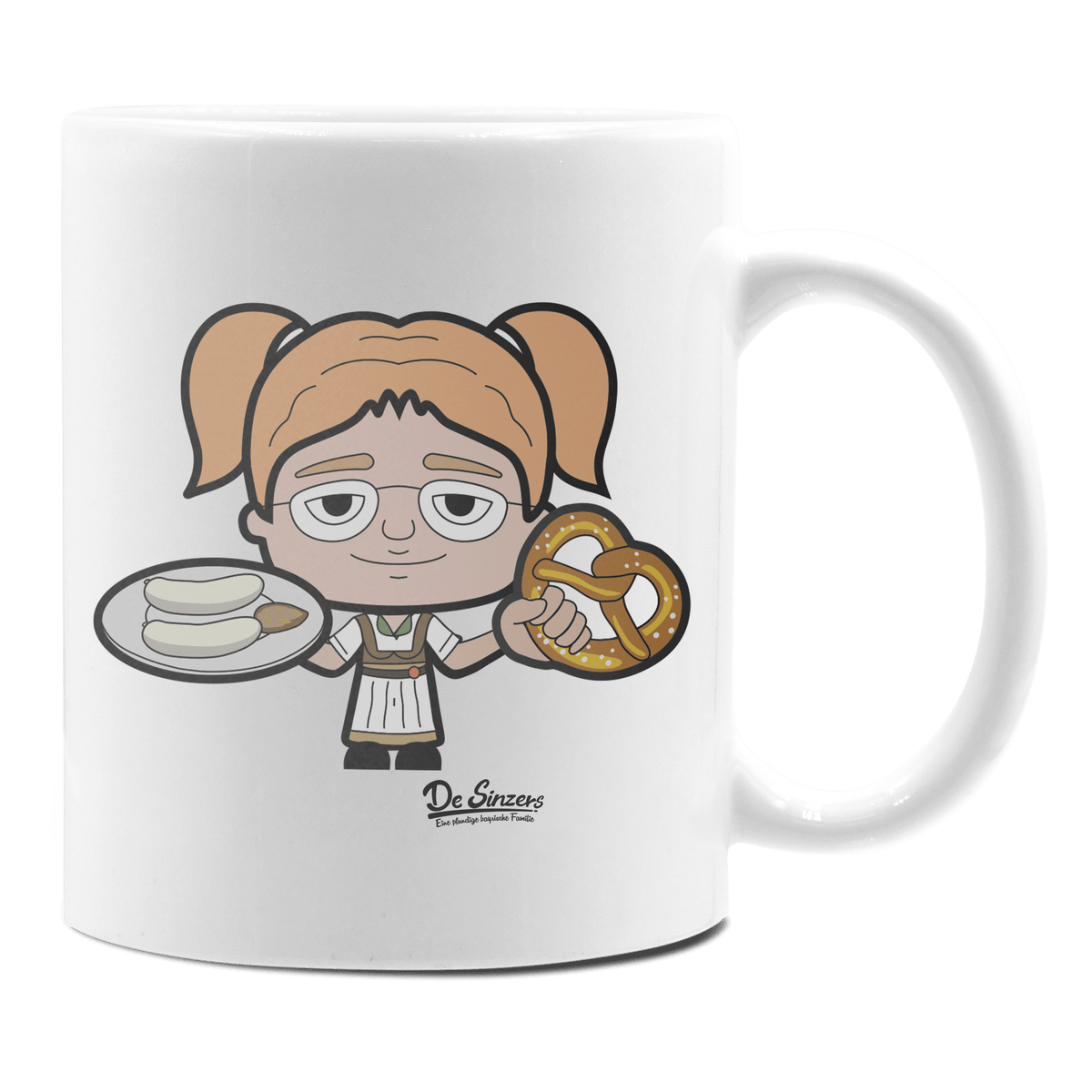 Die Jung Sinzerin Weißwurscht und Brezn Keramik Kaffeetasse 330ml Weiss Rampoldplatte Front