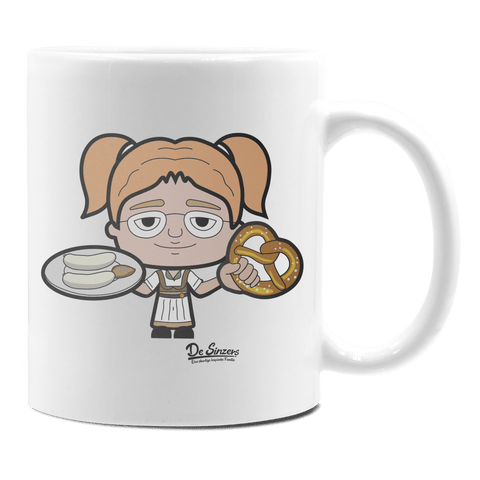 Die Jung Sinzerin Weißwurscht und Brezn Keramik Kaffeetasse 330ml Weiss Rampoldplatte Front