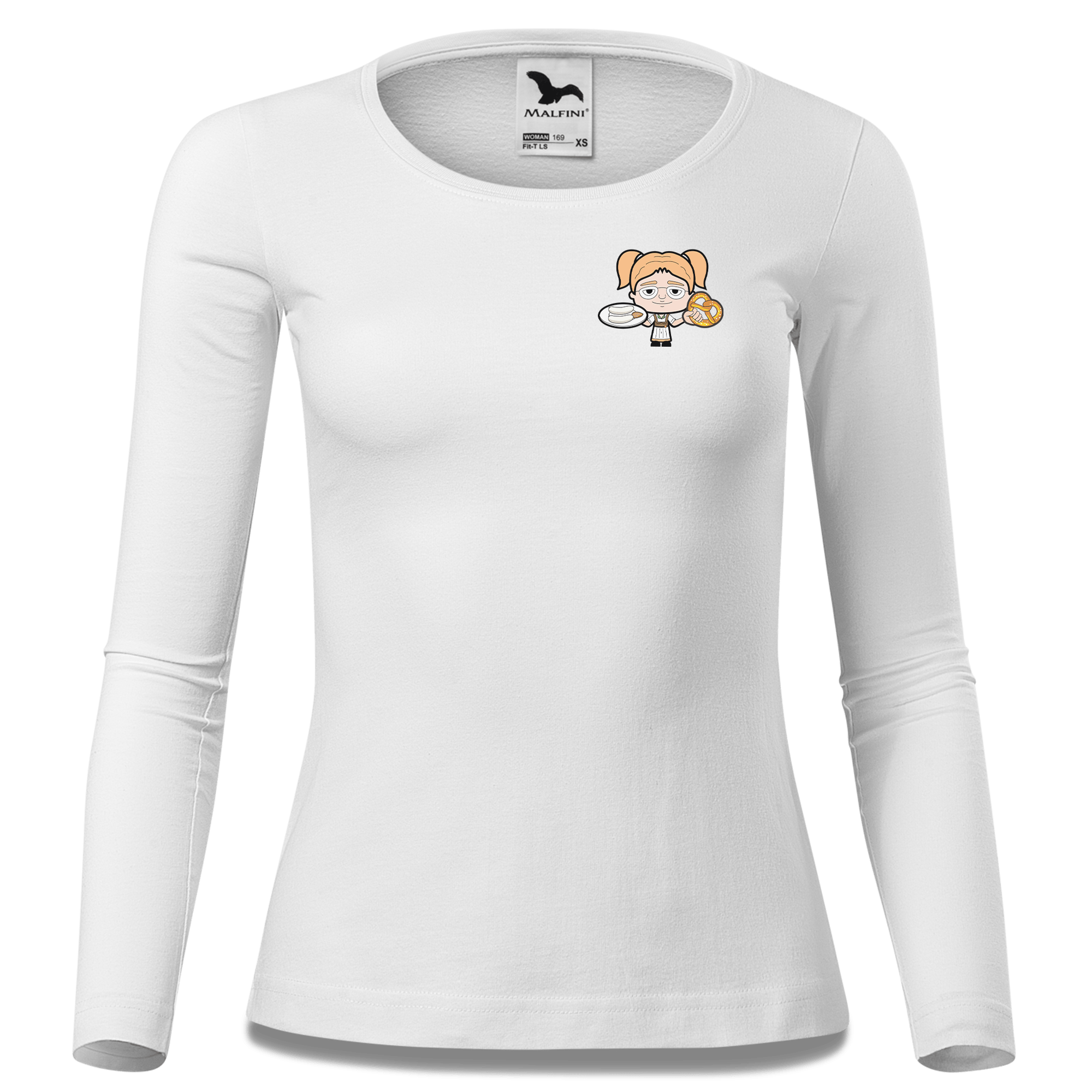 Die Jung Sinzerin Weisswurscht und Brezn Longsleeve Fitted Damen Weiss Kronstauden Front