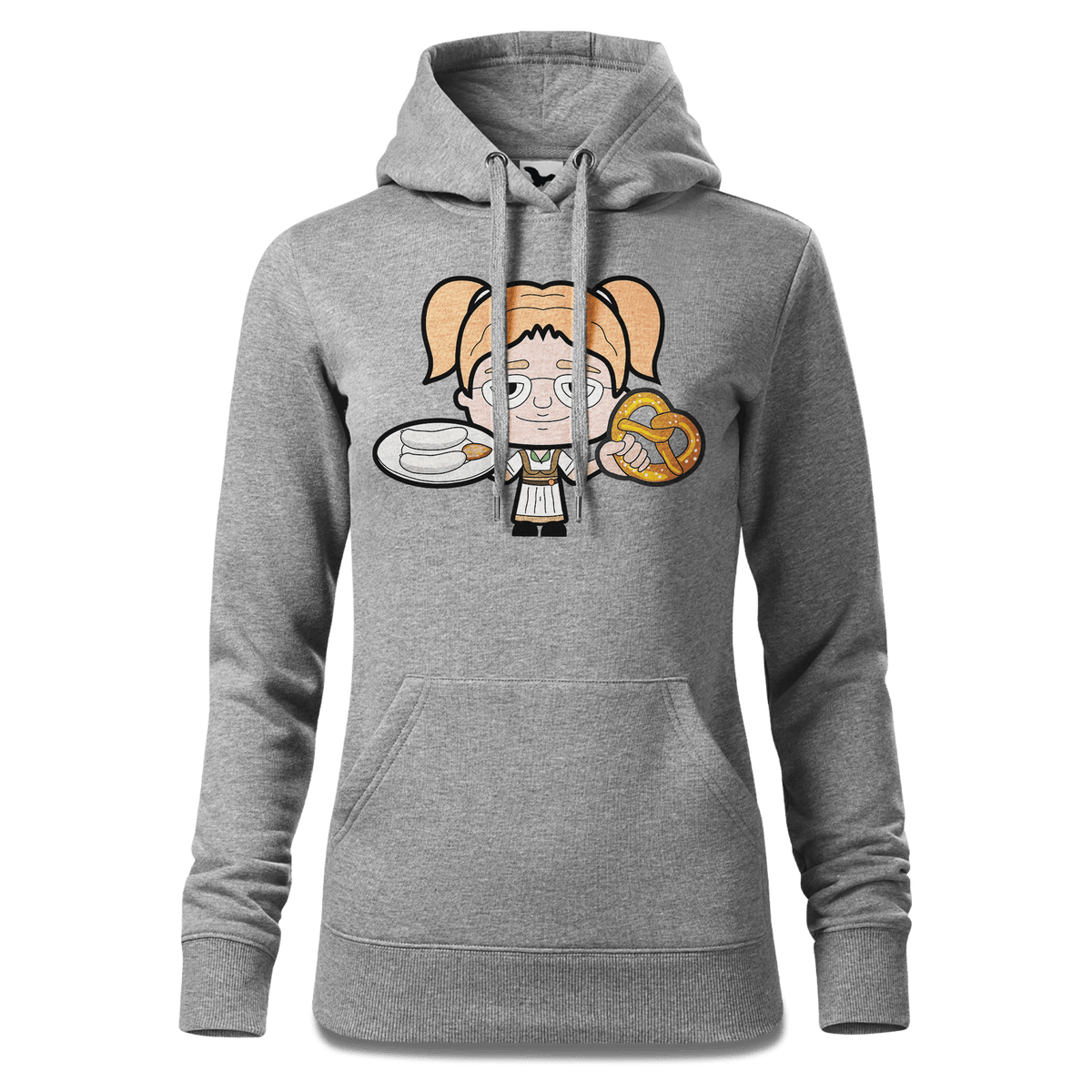 Die Jung Sinzerin Weisswurscht und Brezn Sweatshirt Hoody Damen Grau Meliert Kieling Front