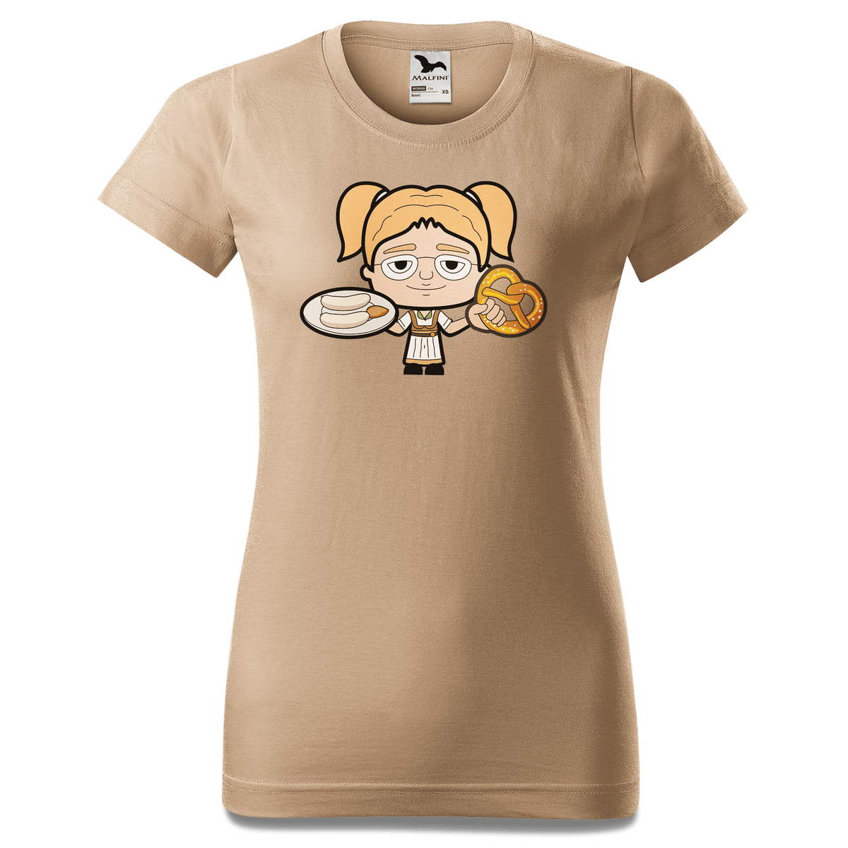 Die Jung Sinzerin Weisswurscht und Brezn T Shirt Damen Sand Entleiten Front