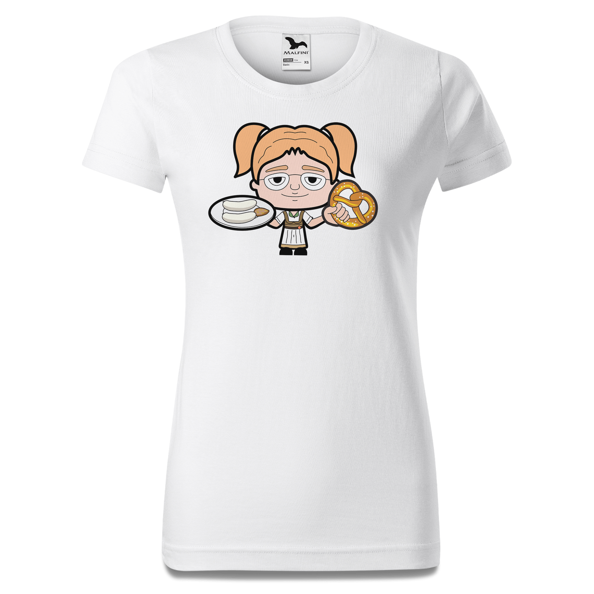 Die Jung Sinzerin Weisswurscht und Brezn T Shirt Damen Weiss Gehering Front