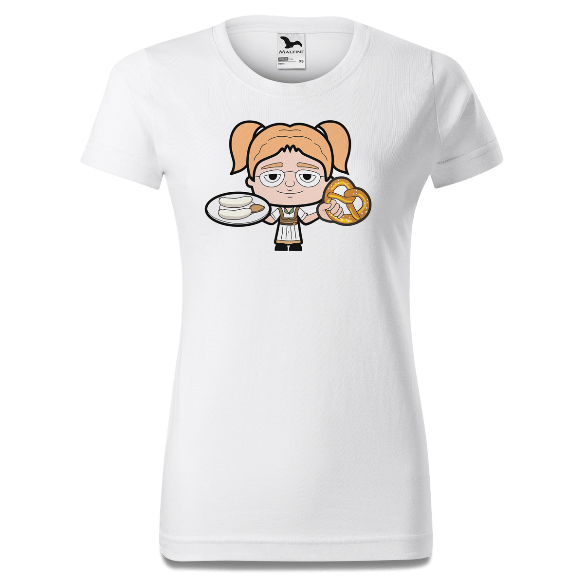 Die Jung Sinzerin Weisswurscht und Brezn T Shirt Damen Weiss Gehering Front