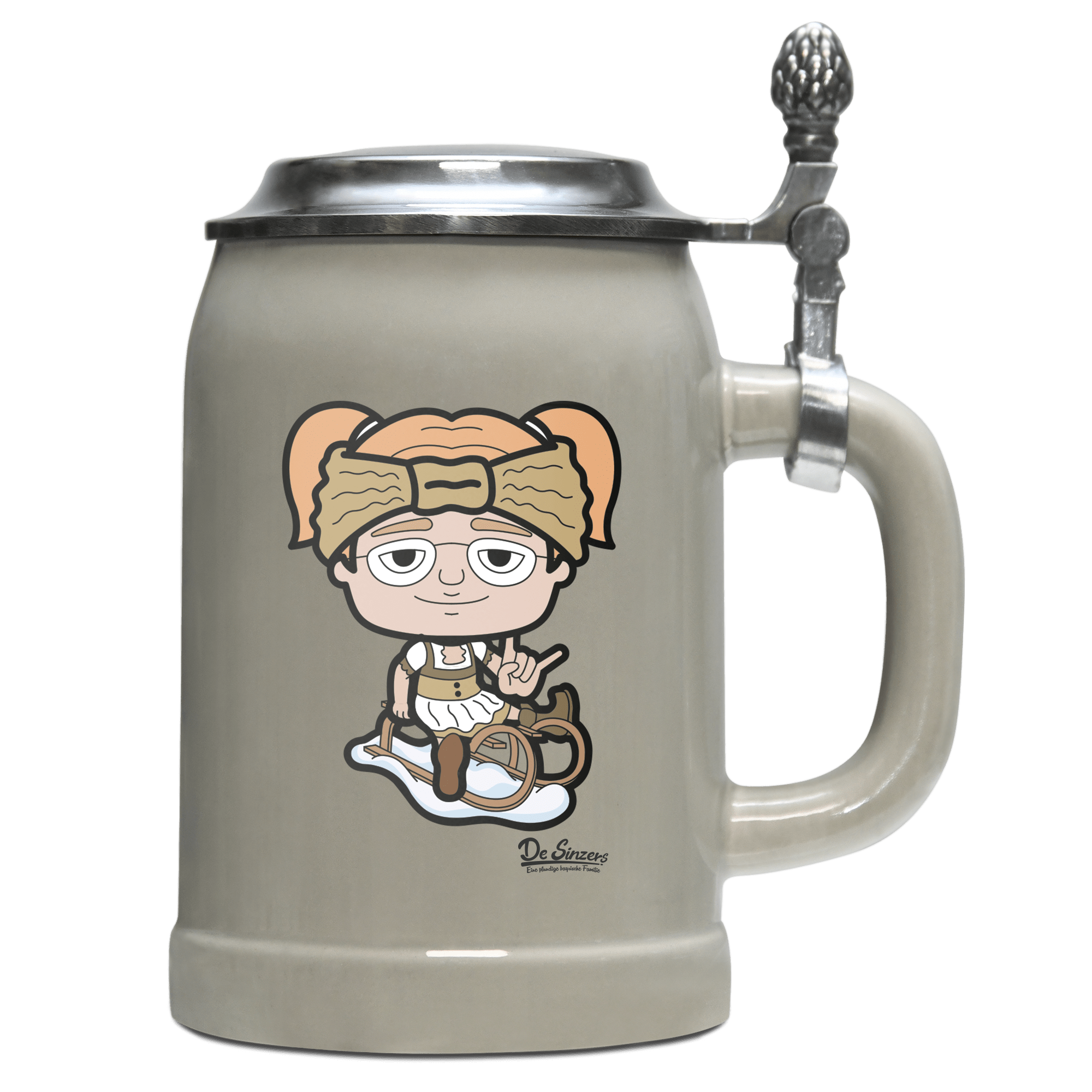 Die Jung Sinzerin Winter Edition Bierkrug 500ml Grau mit Deckel Hocheck Front