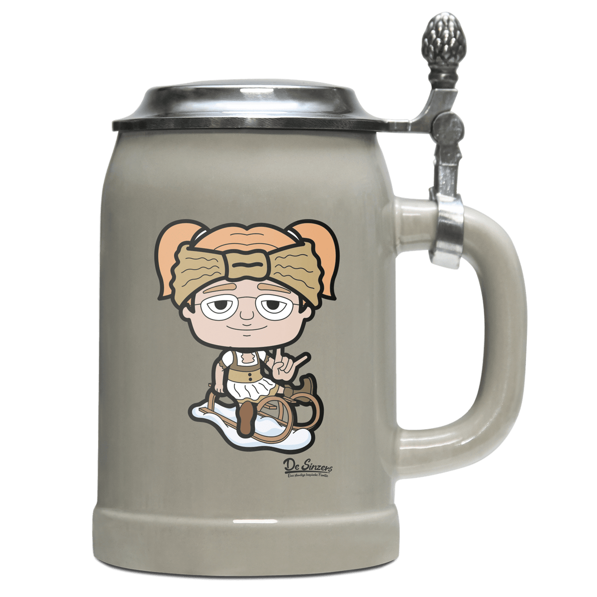 Die Jung Sinzerin Winter Edition Bierkrug 500ml Grau mit Deckel Hocheck Front