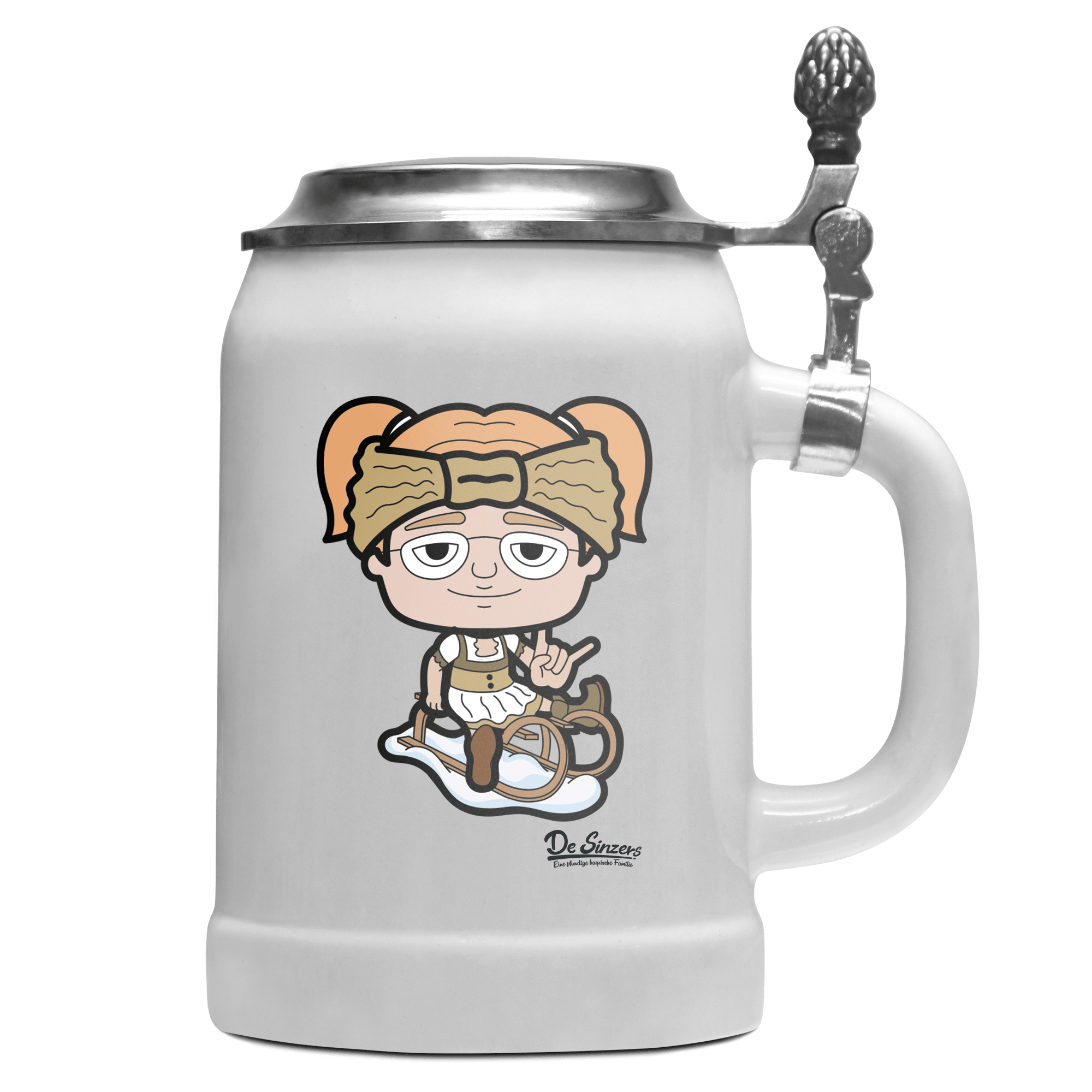 Die Jung Sinzerin Winter Edition Bierkrug 500ml Weiss mit Deckel Wetterspitzen Front