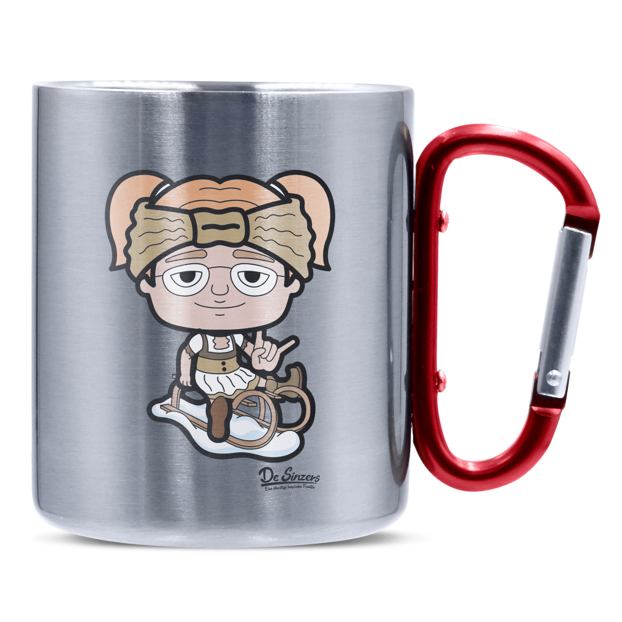 Die Jung Sinzerin Winter Edition Edelstahl Kaffeetasse roter Karabiner 320ml Kitzstein Front