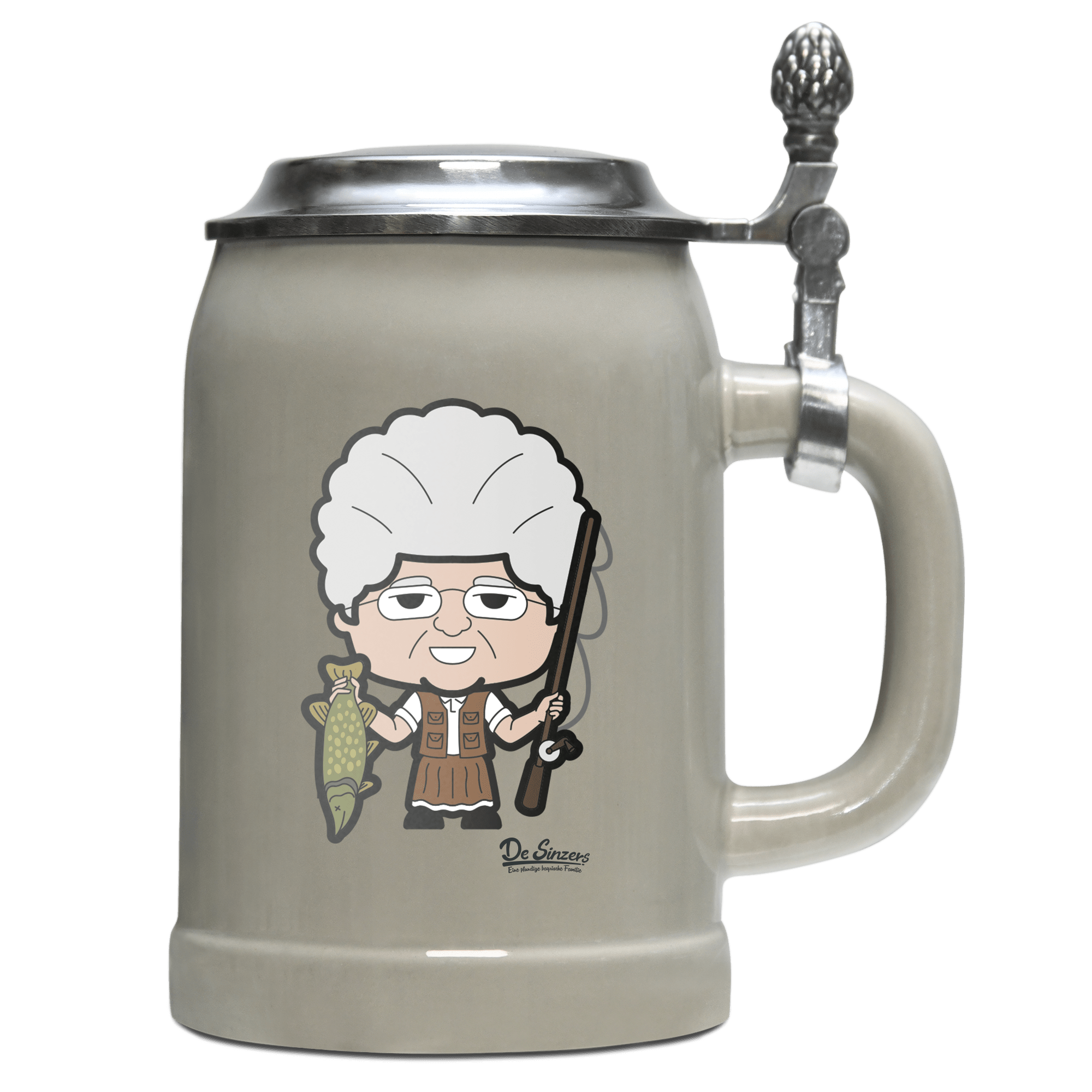 Die Oid Sinzerin Angler Bierkrug 500ml Grau mit Deckel Hocheck Front
