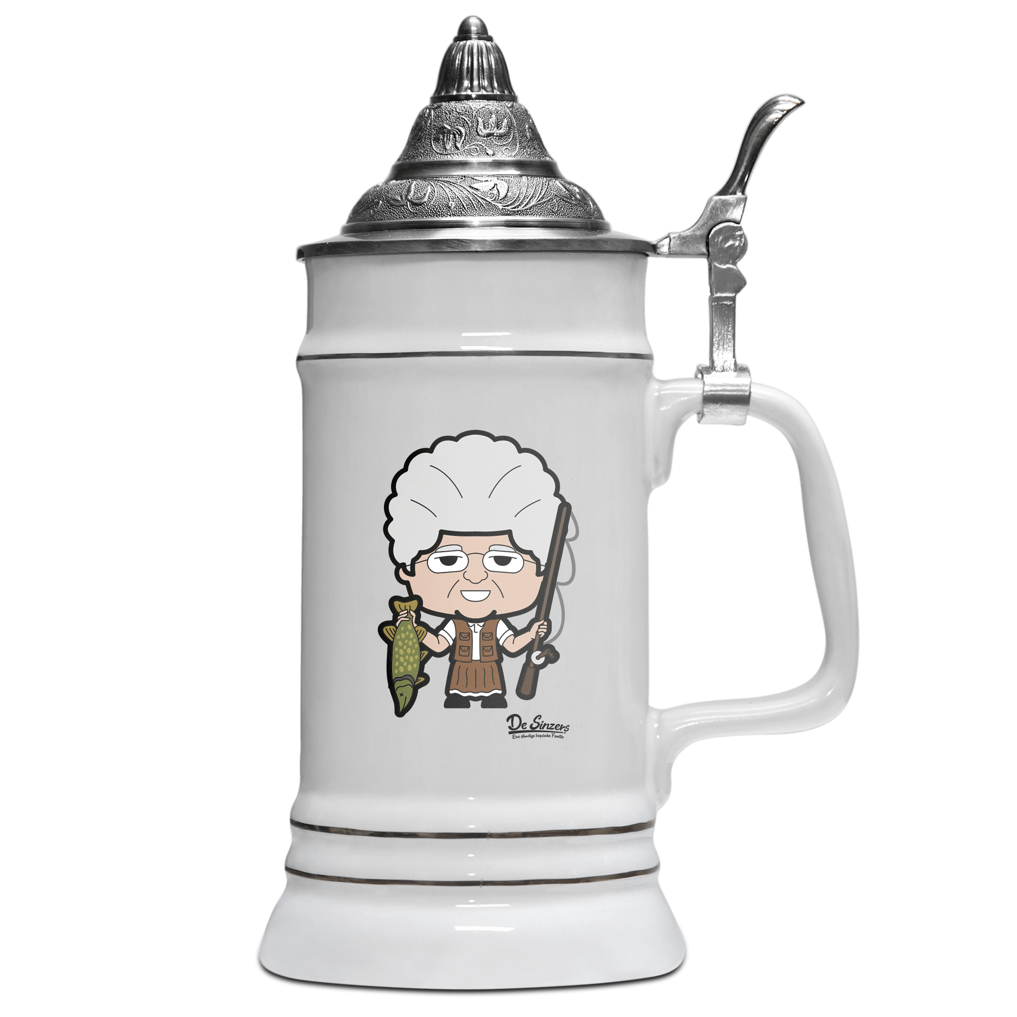 Die Oid Sinzerin Angler Bierkrug 500ml Weiss mit Spitzdeckel Wendelstein Front