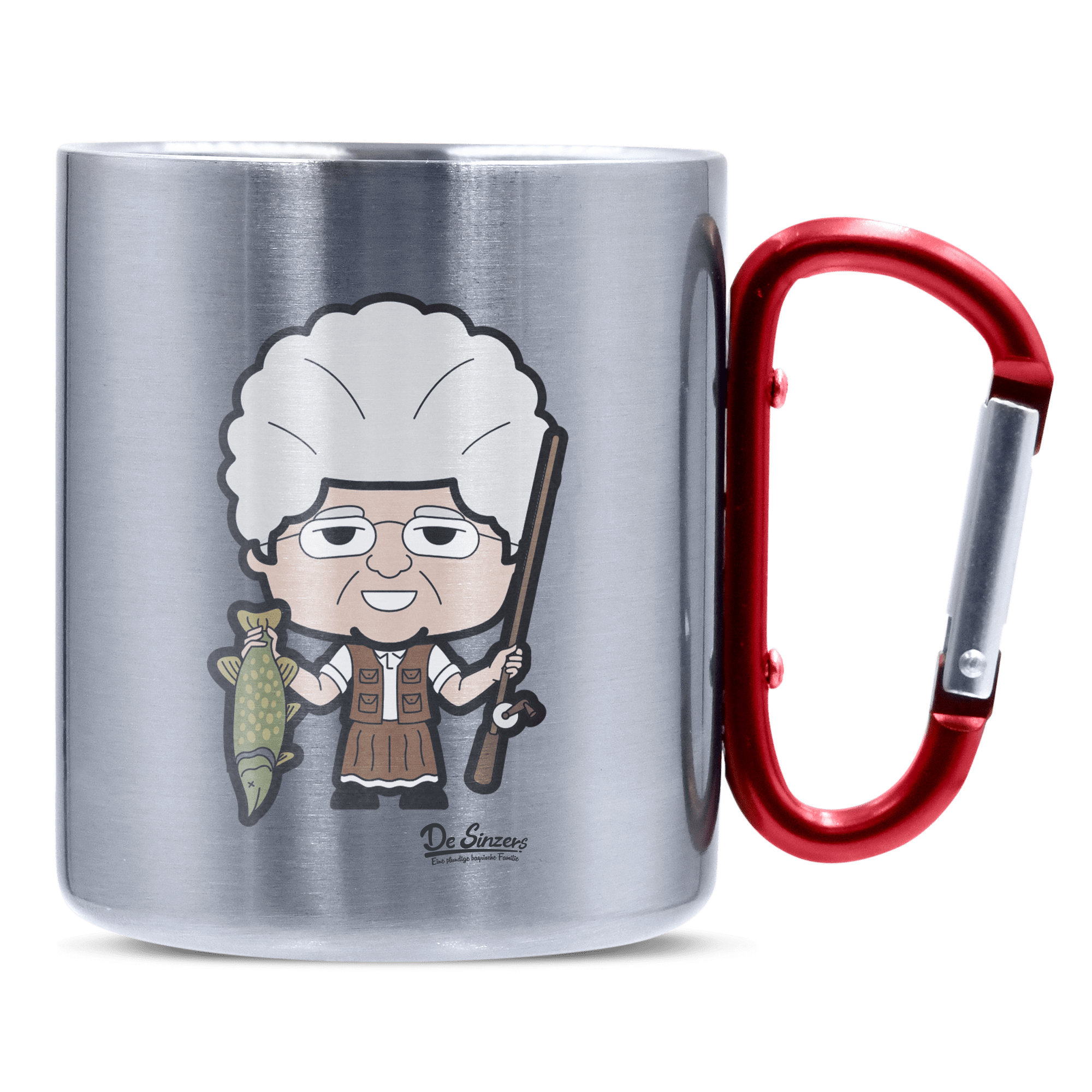 Die Oid Sinzerin Angler Edelstahl Kaffeetasse roter Karabiner 320ml Kitzstein Front