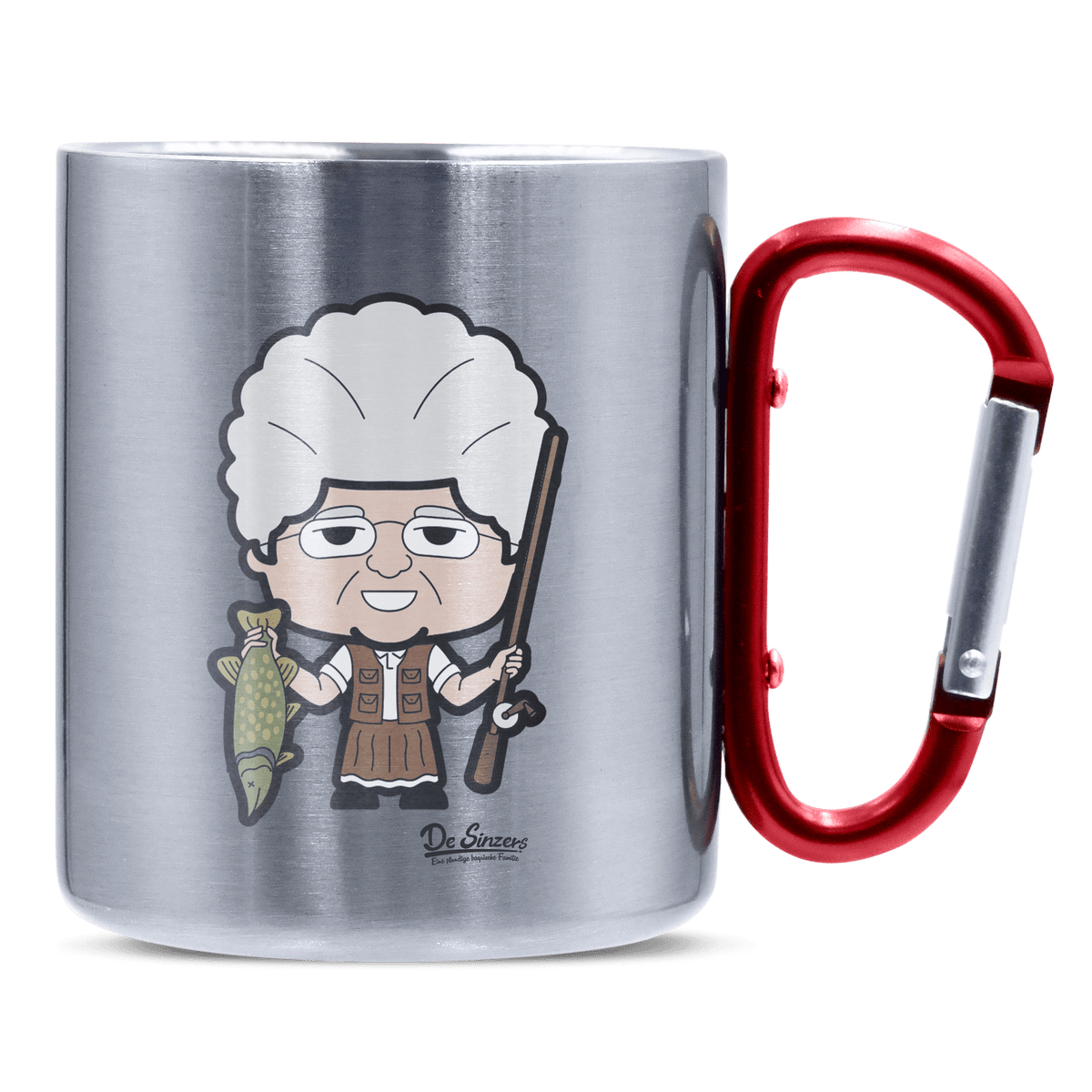 Die Oid Sinzerin Angler Edelstahl Kaffeetasse roter Karabiner 320ml Kitzstein Front