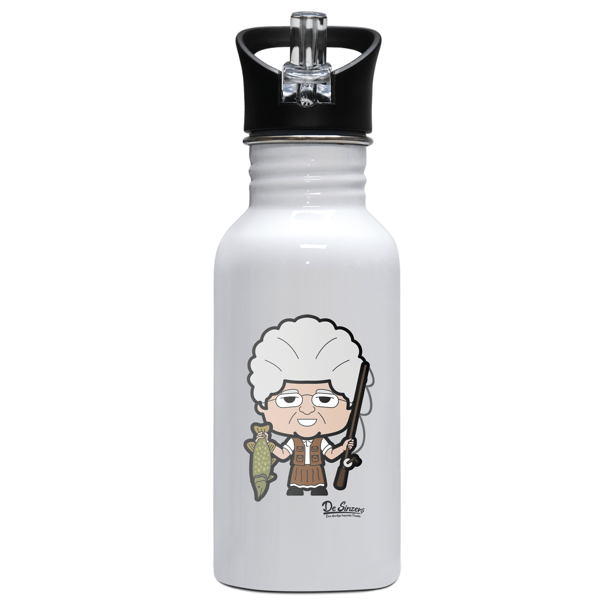 Die Oid Sinzerin Angler Edelstahl Trinkflasche mit klappbarem Mundstueck 500ml Weiss Rotwand Front