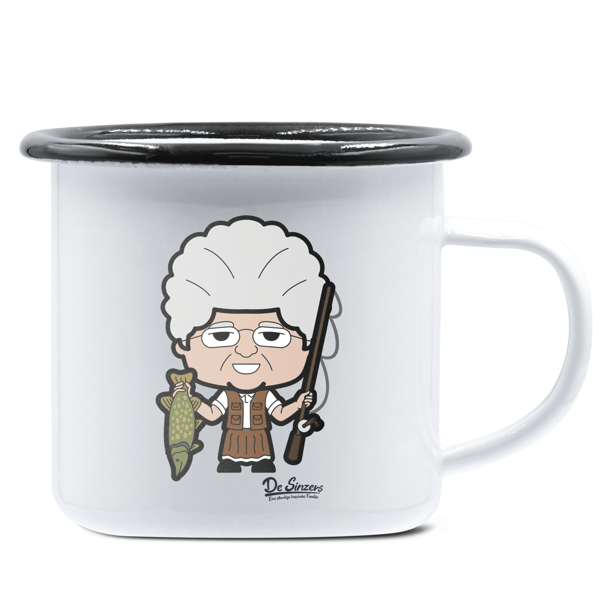 Die Oid Sinzerin Angler Emaille Tasse 375ml Weiss Schwarz Hochries Front