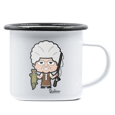 Die Oid Sinzerin Angler Emaille Tasse 375ml Weiss Schwarz Hochries Front