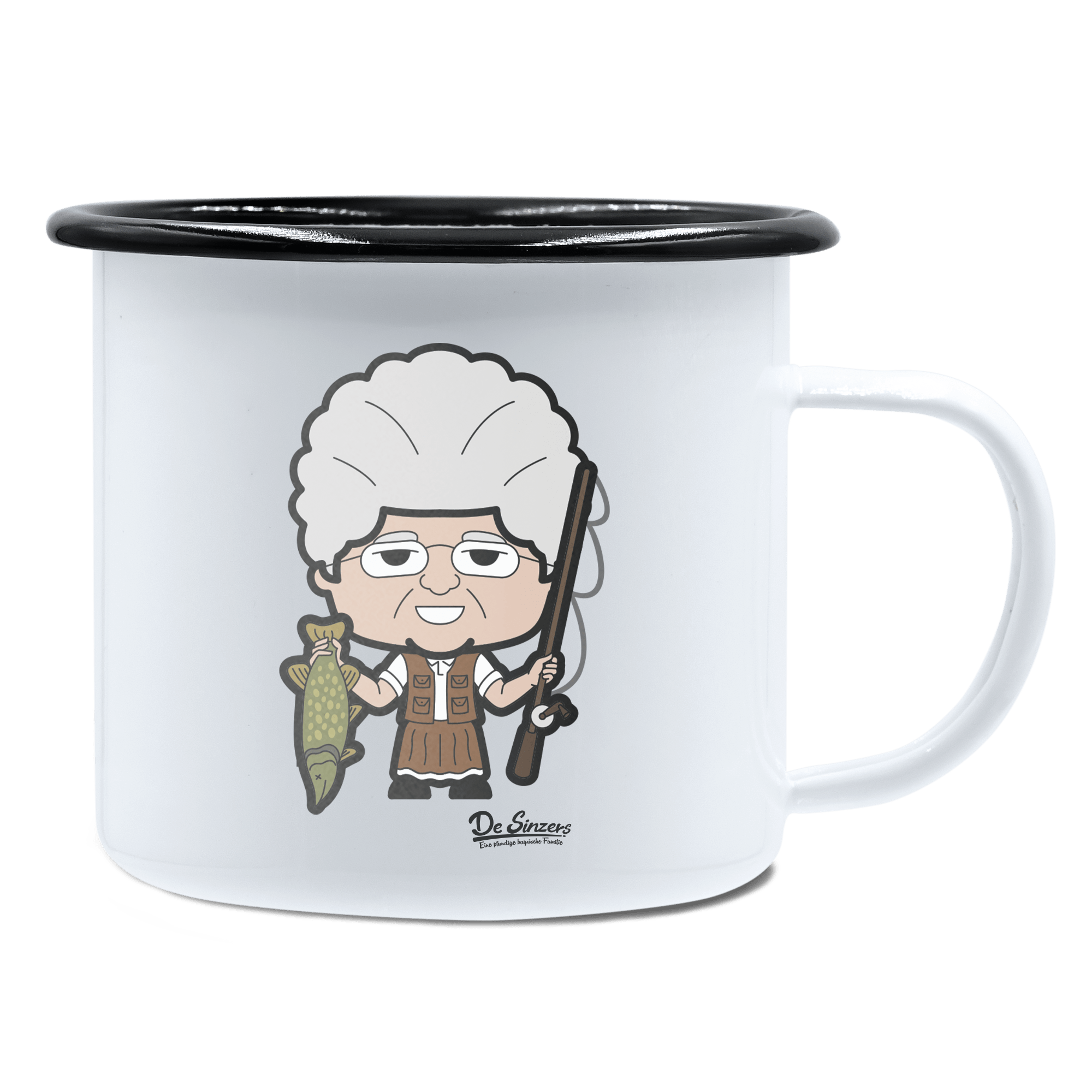 Die Oid Sinzerin Angler Emaille Tasse 450ml Weiss Schwarz Spitzstein Front