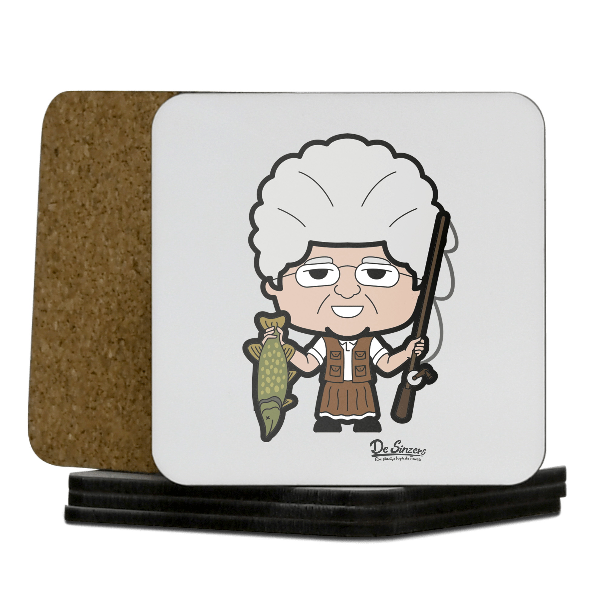 Die Oid Sinzerin Angler Korkuntersetzer 5er Set 95 x 95 mm Weiss Karkopf Front