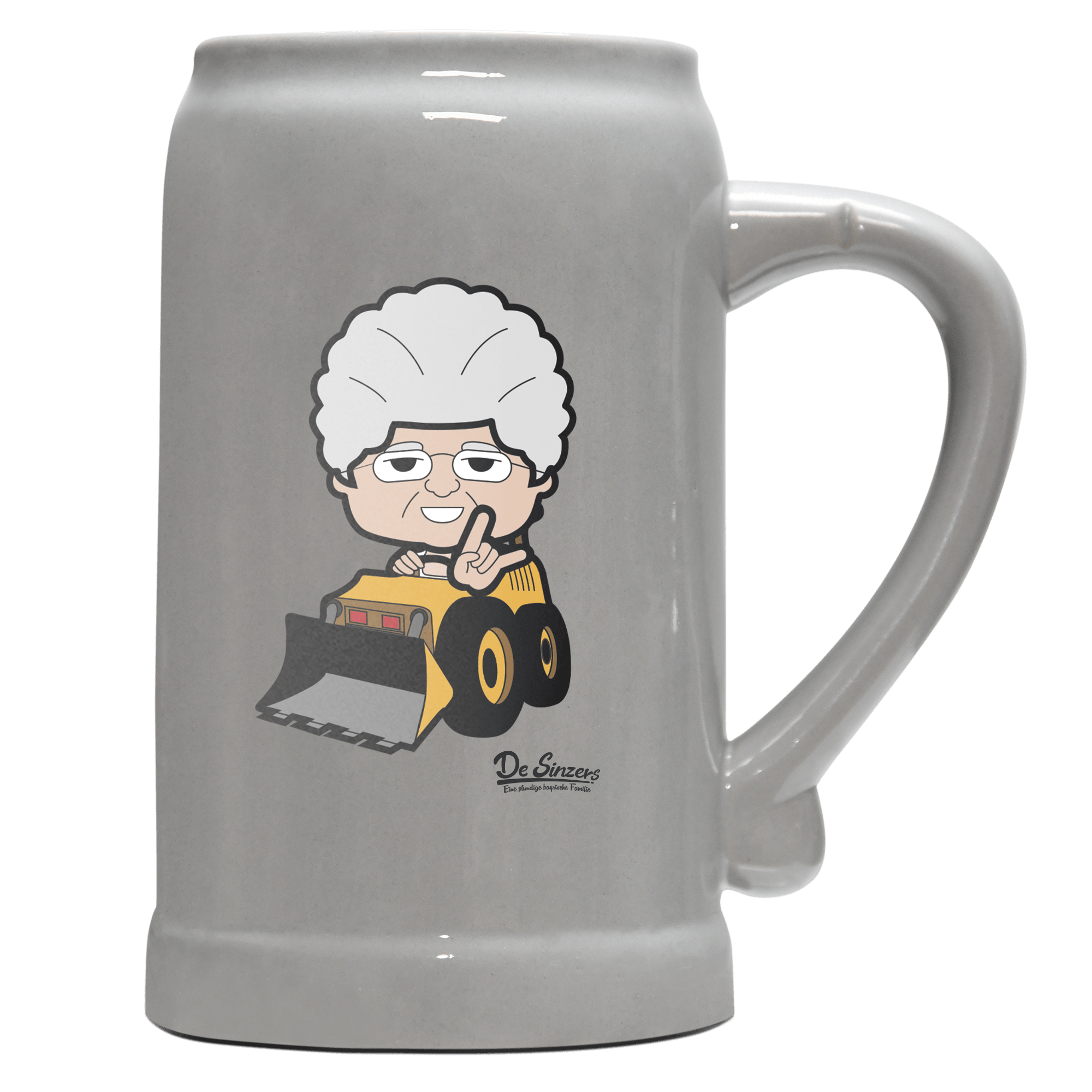 Die Oid Sinzerin Baggerfahrer Bierkrug 1000ml Grau Zugspitze Front