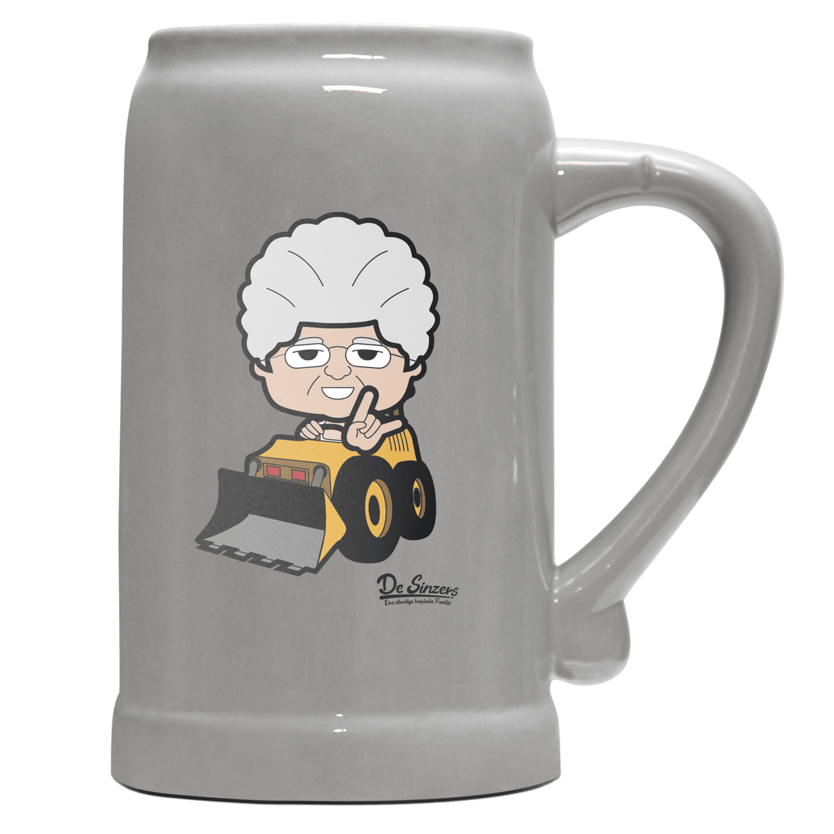 Die Oid Sinzerin Baggerfahrer Bierkrug 1000ml Grau Zugspitze Front