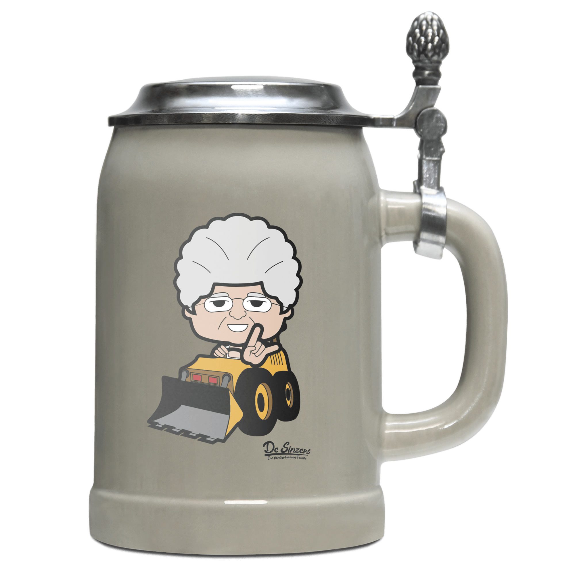 Die Oid Sinzerin Baggerfahrer Bierkrug 500ml Grau mit Deckel Hocheck Front