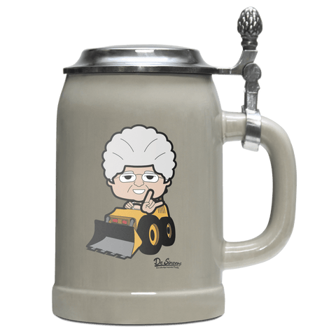 Die Oid Sinzerin Baggerfahrer Bierkrug 500ml Grau mit Deckel Hocheck Front
