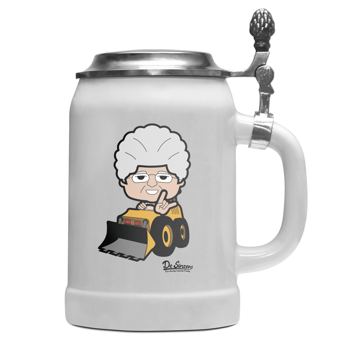 Die Oid Sinzerin Baggerfahrer Bierkrug 500ml Weiss mit Deckel Wetterspitzen Front