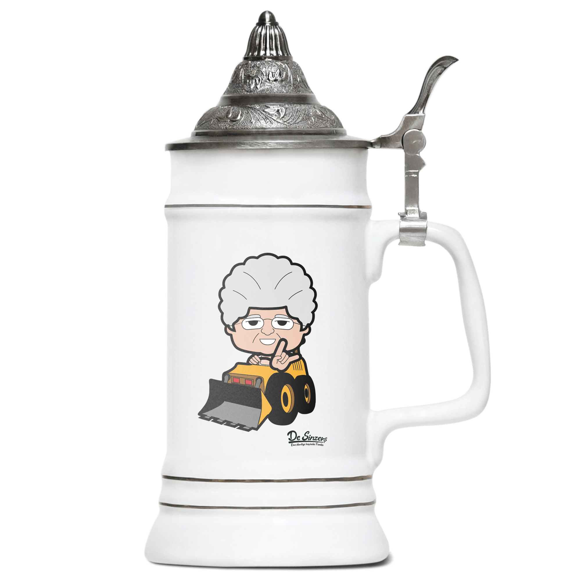 Die Oid Sinzerin Baggerfahrer Bierkrug 500ml Weiss mit Spitzdeckel Wendelstein Front