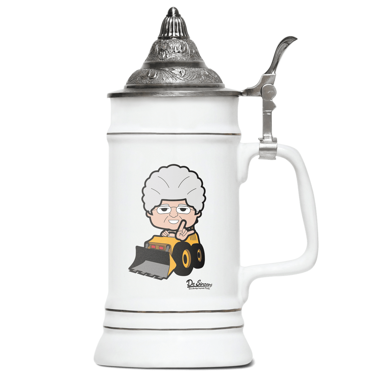 Die Oid Sinzerin Baggerfahrer Bierkrug 500ml Weiss mit Spitzdeckel Wendelstein Front