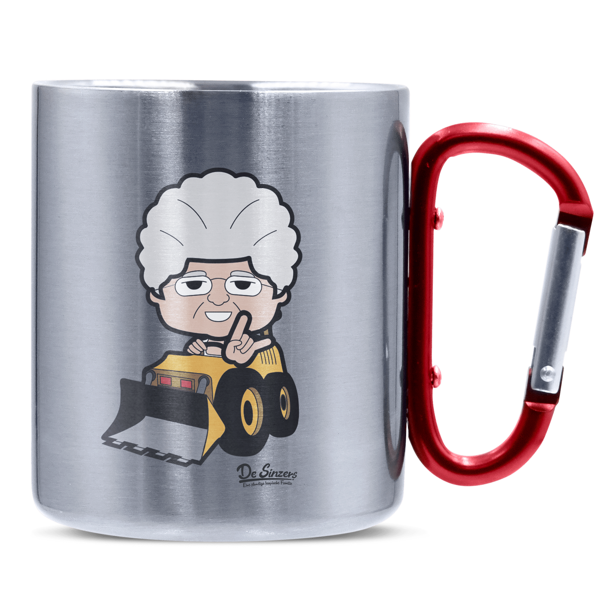 Die Oid Sinzerin Baggerfahrer Edelstahl Kaffeetasse roter Karabiner 320ml Kitzstein Front