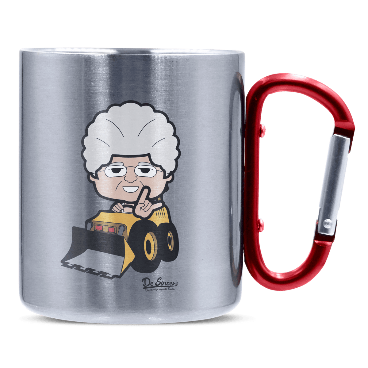 Die Oid Sinzerin Baggerfahrer Edelstahl Kaffeetasse roter Karabiner 320ml Kitzstein Front