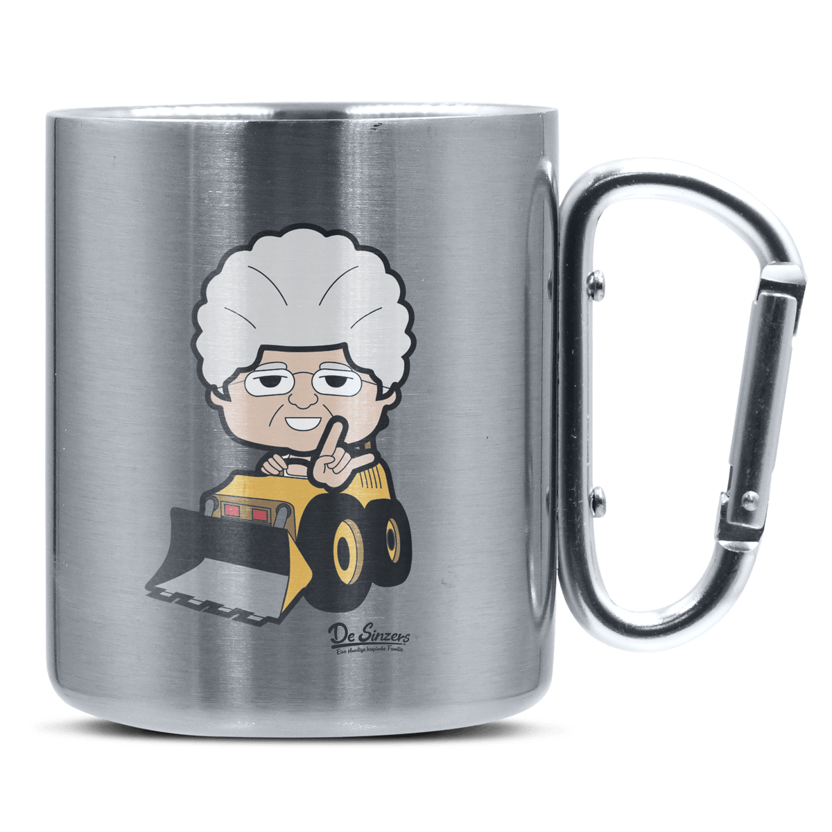 Die Oid Sinzerin Baggerfahrer Edelstahl Kaffeetasse silberer Karabiner 320ml Grosser Traithen Front