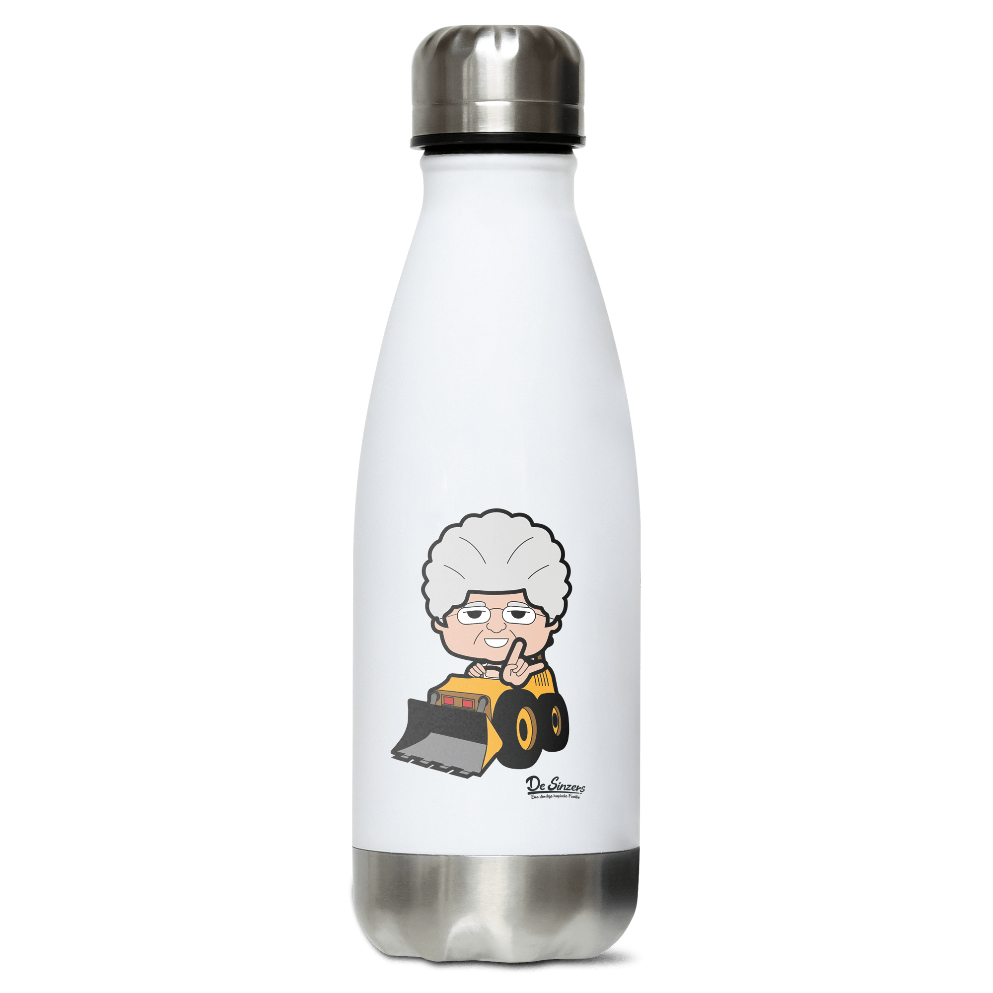 Die Oid Sinzerin Baggerfahrer Edelstahl Thermoflasche 350ml Weiss Silber Kreuzspitze Front