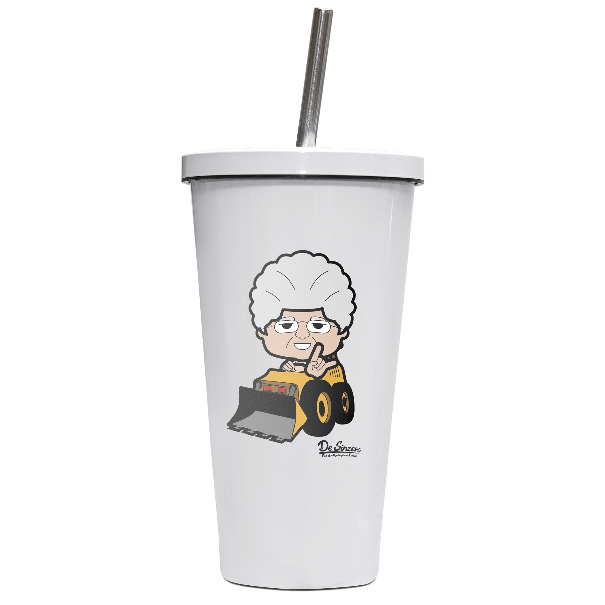 Die Oid Sinzerin Baggerfahrer Edelstahl Trinkbecher mit Strohhalm 480ml Weiss Krottenkopf Front