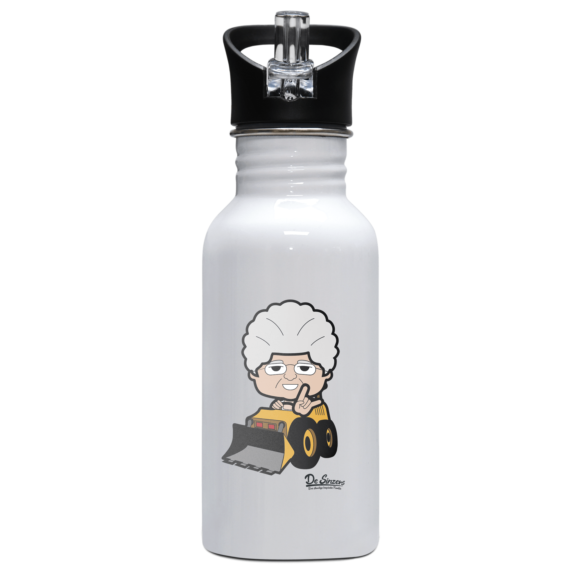 Die Oid Sinzerin Baggerfahrer Edelstahl Trinkflasche mit klappbarem Mundstueck 500ml Weiss Rotwand Front