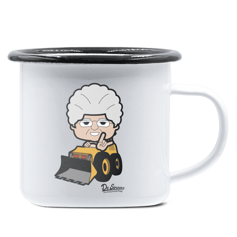 Die Oid Sinzerin Baggerfahrer Emaille Tasse 375ml Weiss Schwarz Hochries Front