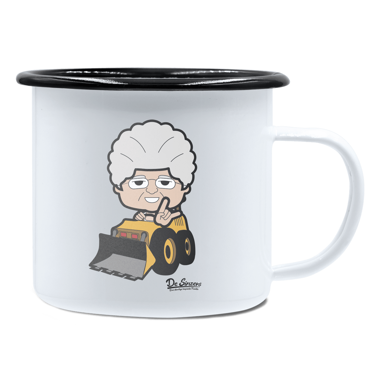 Die Oid Sinzerin Baggerfahrer Emaille Tasse 450ml Weiss Schwarz Spitzstein Front