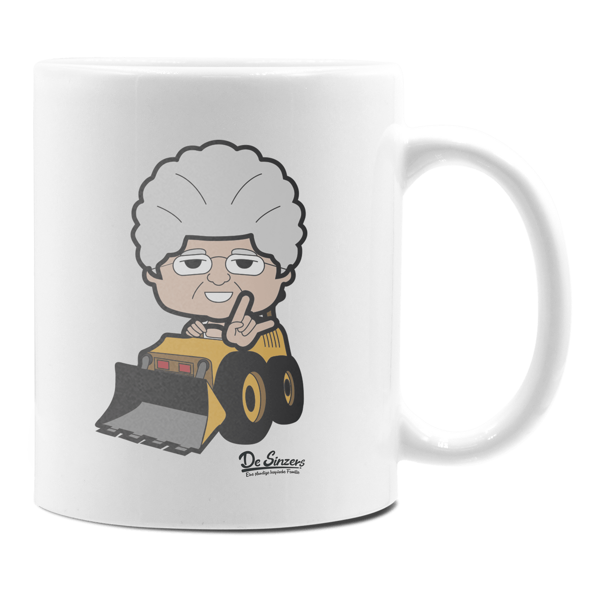 Die Oid Sinzerin Baggerfahrer Keramik Kaffeetasse 330ml Weiss Rampoldplatte Front